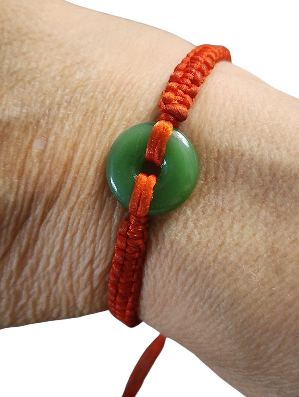 Green Jade Disc Bracelet with Red Cord